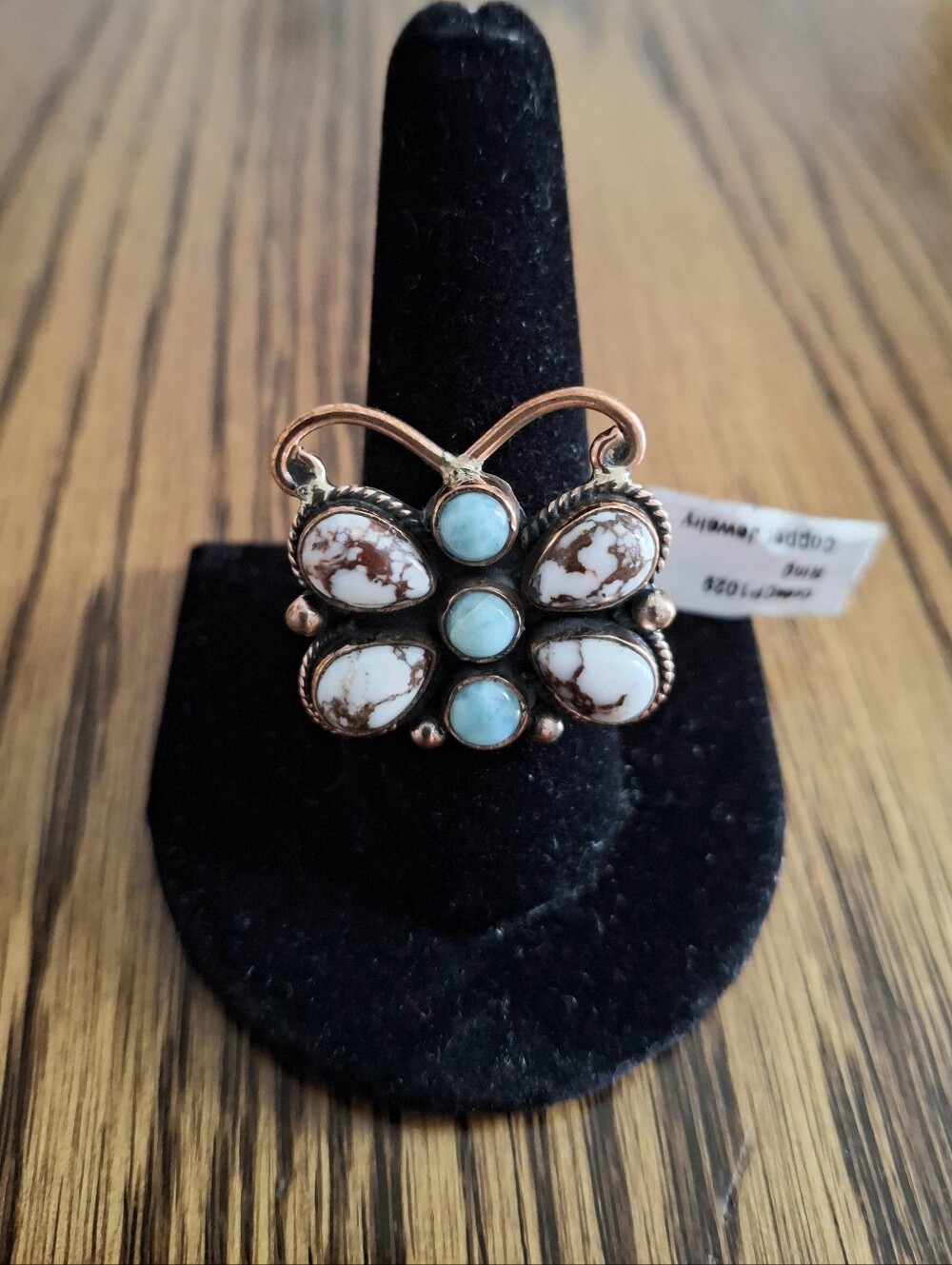 Butterfly Larimar And Wild Horse Ring On Copper Adjustable Band 6-12